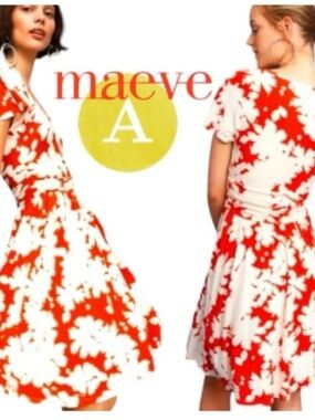 MAEVE Anthropologie Summer Breeze Dress Orange/White Floral Ruched Waist Large